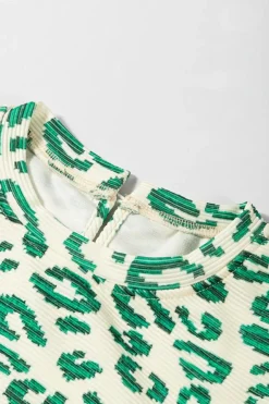 Best Dear-Lover Leopard Print Mock Neck Puff Sleeve Top Blackish Green