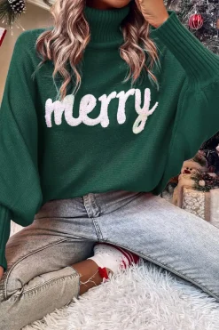Discount Dear-Lover Merry Letter Embroidered High Neck Sweater Blackish Green