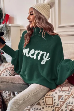 Discount Dear-Lover Merry Letter Embroidered High Neck Sweater Blackish Green