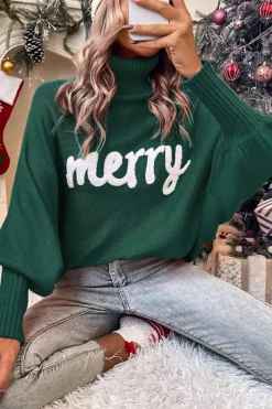 Discount Dear-Lover Merry Letter Embroidered High Neck Sweater Blackish Green