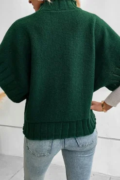 Best Dear-Lover Mock Neck Batwing Short Sleeve Knit Sweater Blackish Green