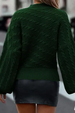 Best Dear-Lover Mock Neck Lantern Sleeve Cable Knit Sweater Blackish Green