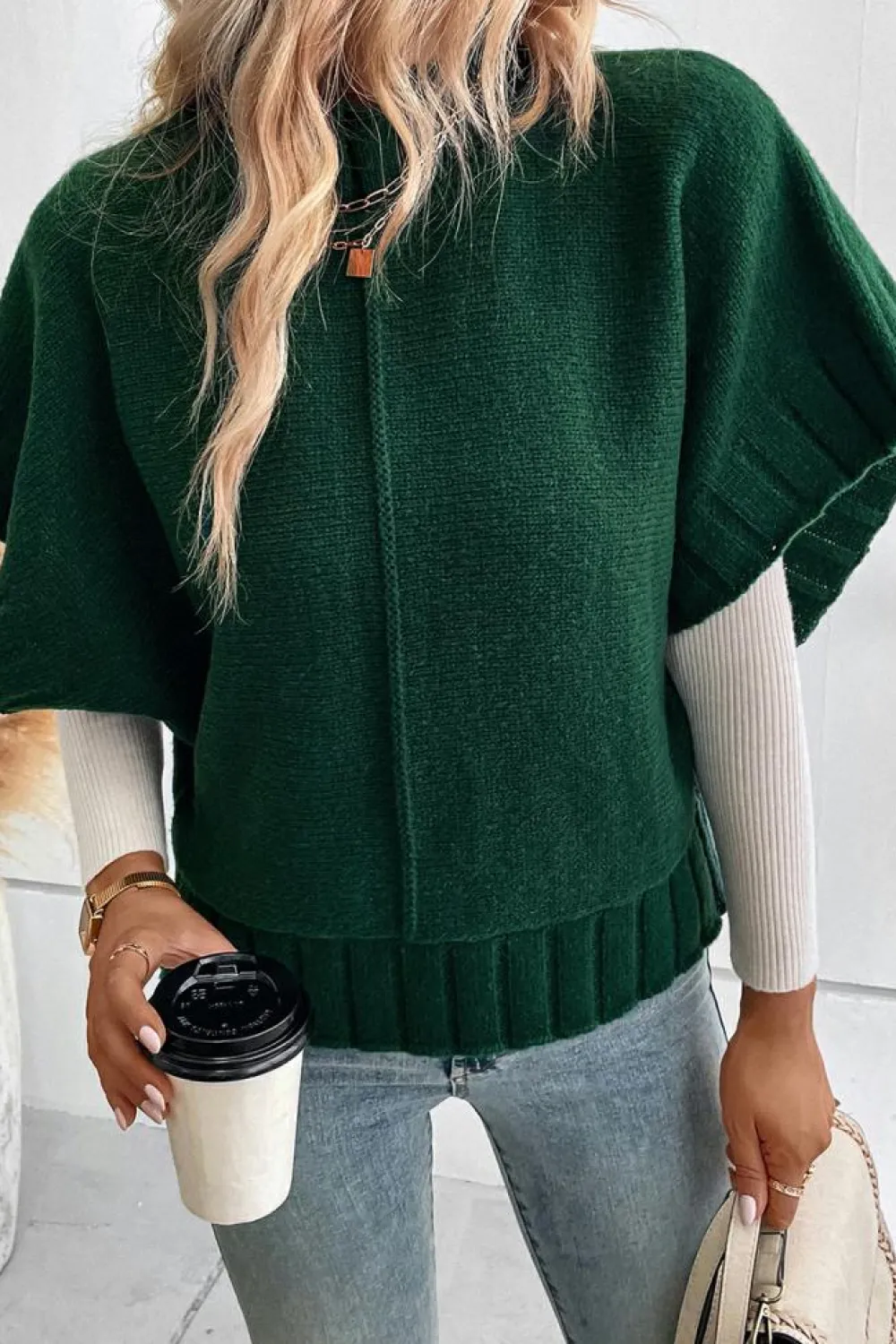 Best Dear-Lover Mock Neck Batwing Short Sleeve Knit Sweater Blackish Green