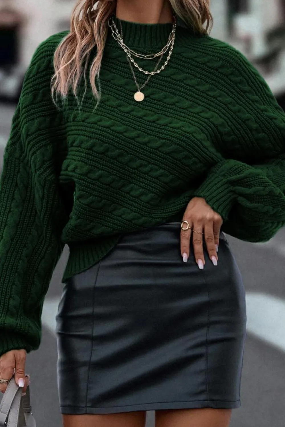 Best Dear-Lover Mock Neck Lantern Sleeve Cable Knit Sweater Blackish Green