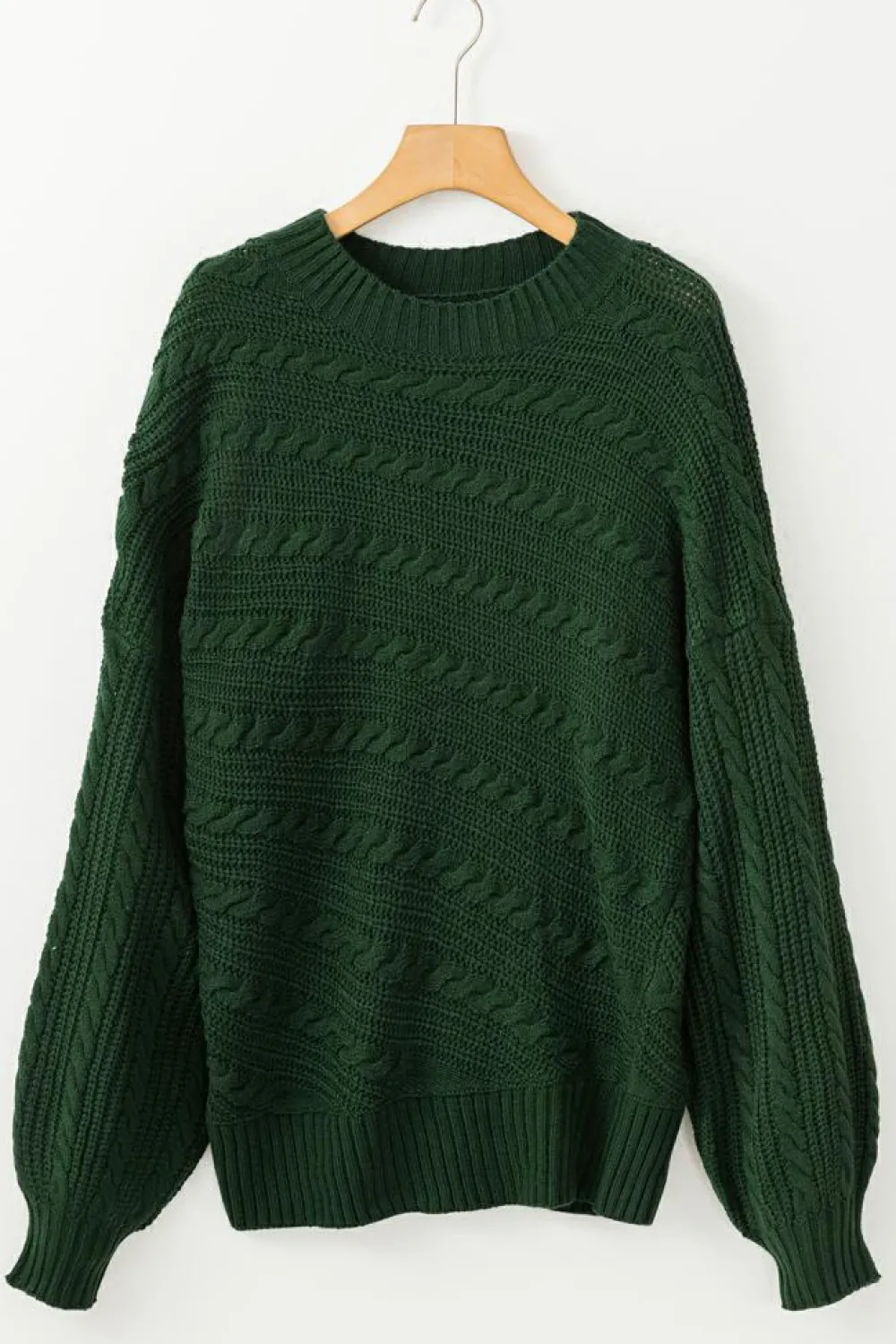 Best Dear-Lover Mock Neck Lantern Sleeve Cable Knit Sweater Blackish Green