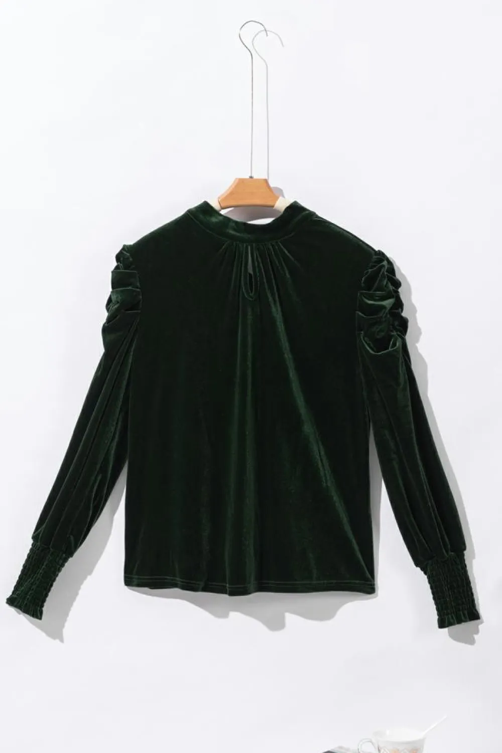 Hot Dear-Lover Mock Neck Puff Sleeve Velvet Blouse Blackish Green