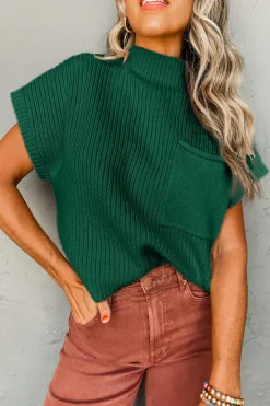 New Dear-Lover Patch Pocket Ribbed Knit Short Sleeve Sweater Blackish Green