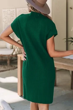 Clearance Dear-Lover Patch Pocket Ribbed Knit Short Sleeve Sweater Dress Blackish Green