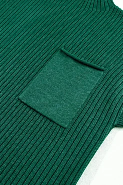 Clearance Dear-Lover Patch Pocket Ribbed Knit Short Sleeve Sweater Dress Blackish Green