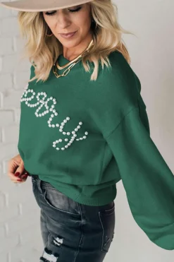 Outlet Dear-Lover Pearl Beaded Merry Casual Sweater Blackish Green