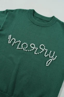 Outlet Dear-Lover Pearl Beaded Merry Casual Sweater Blackish Green