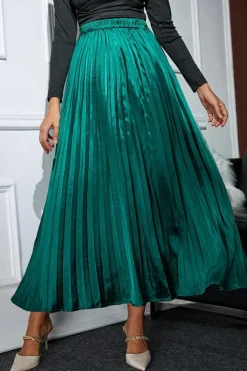 Best Dear-Lover Satin Elastic Waist Pleated Maxi Skirt Blackish Green