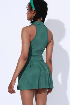 Fashion Dear-Lover Sleeveless V Neck Shirt Collar Sports Mini Dress Blackish Green