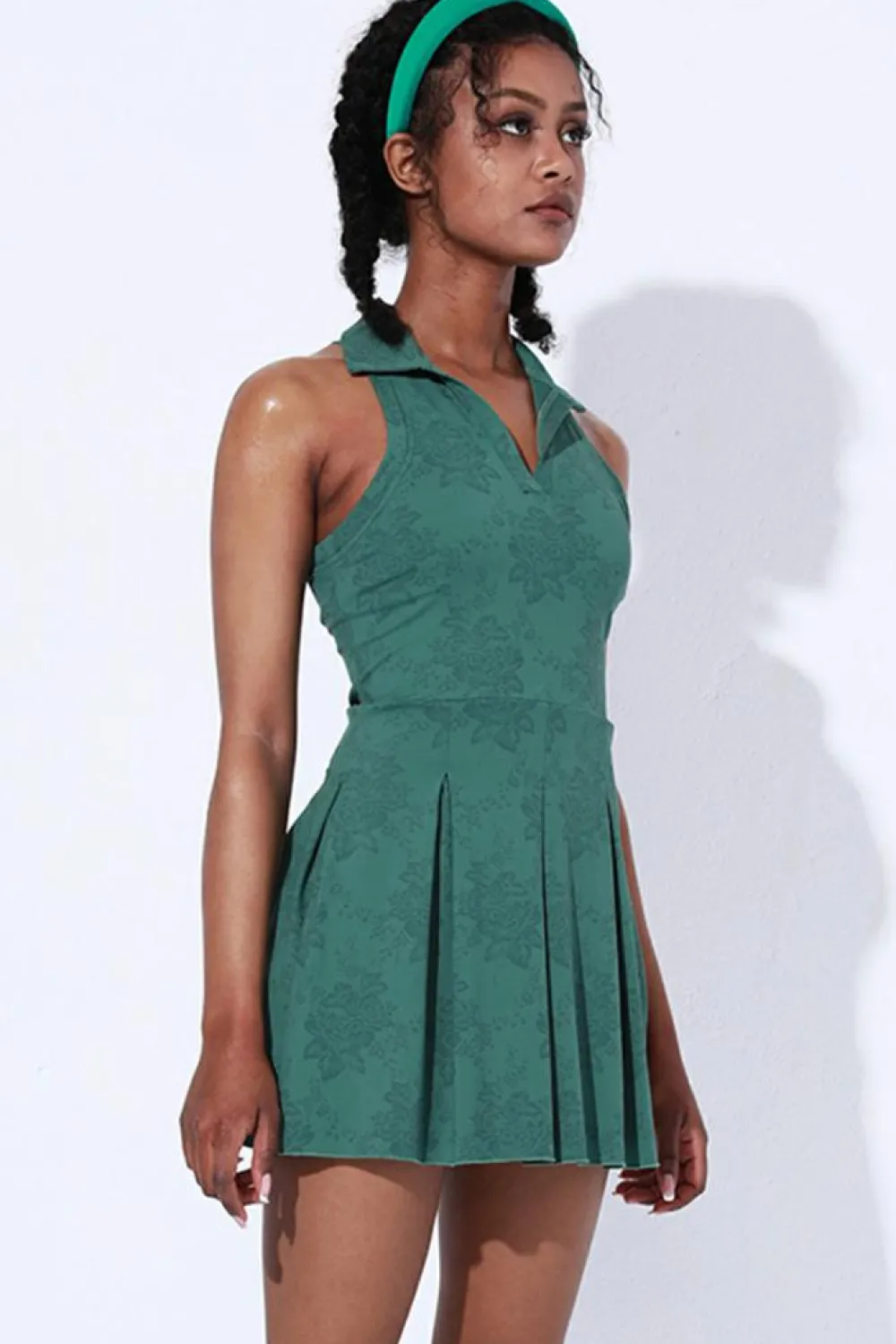 Fashion Dear-Lover Sleeveless V Neck Shirt Collar Sports Mini Dress Blackish Green