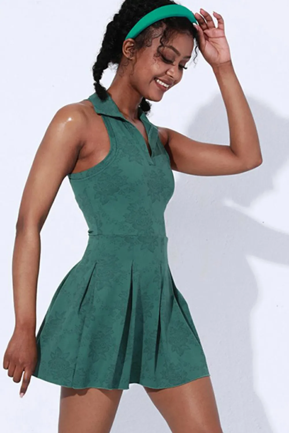 Fashion Dear-Lover Sleeveless V Neck Shirt Collar Sports Mini Dress Blackish Green