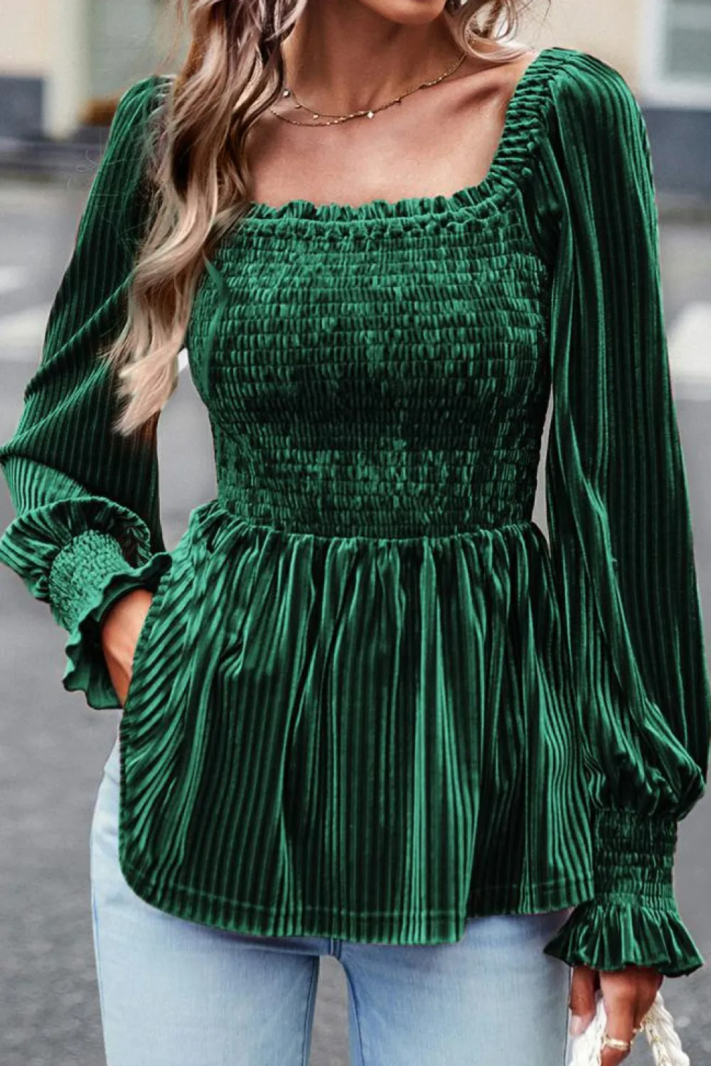 Fashion Dear-Lover Smocked Ribbed Velvet Babydoll Top Blackish Green