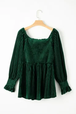 Fashion Dear-Lover Smocked Ribbed Velvet Babydoll Top Blackish Green