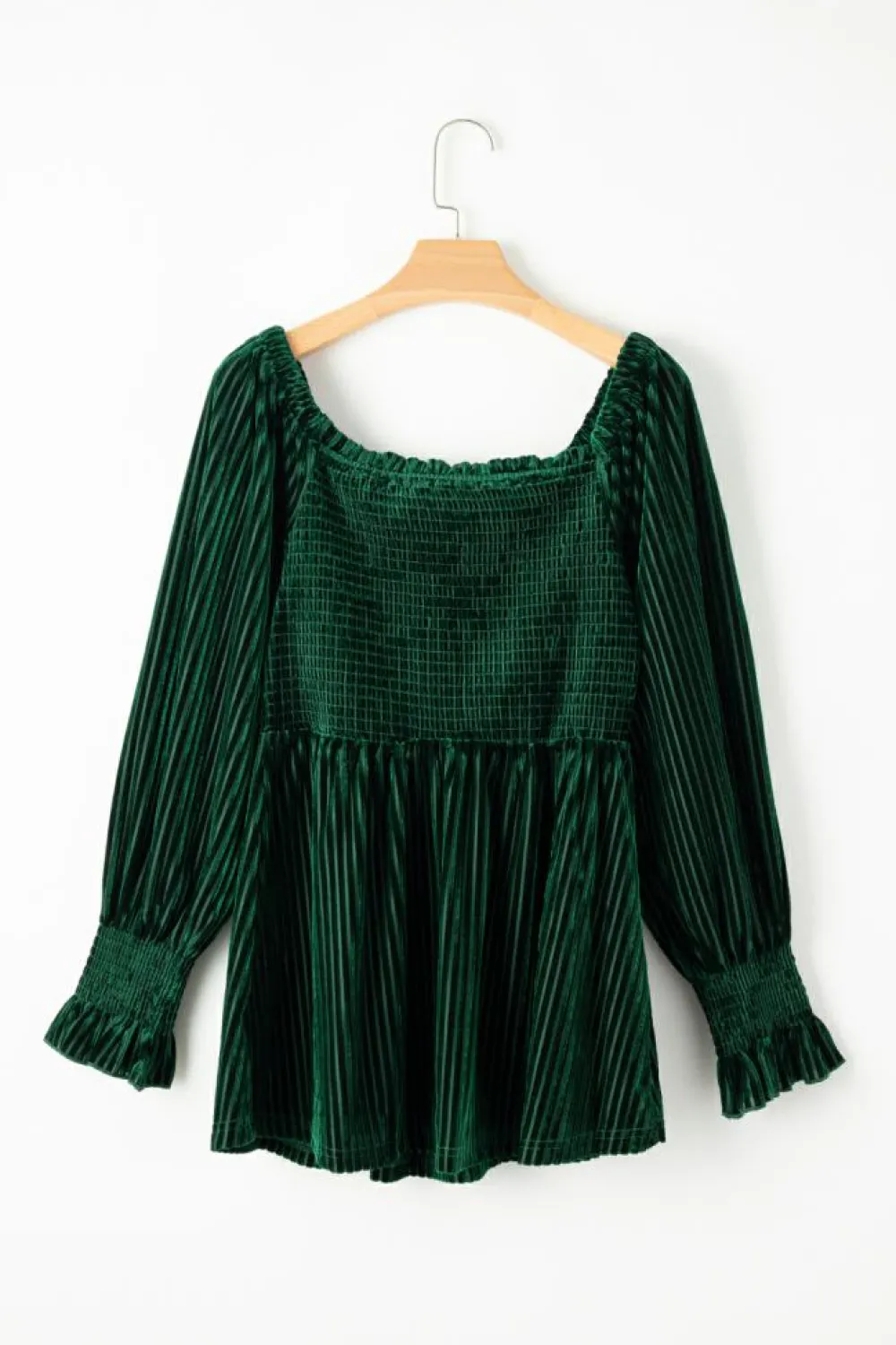 Fashion Dear-Lover Smocked Ribbed Velvet Babydoll Top Blackish Green