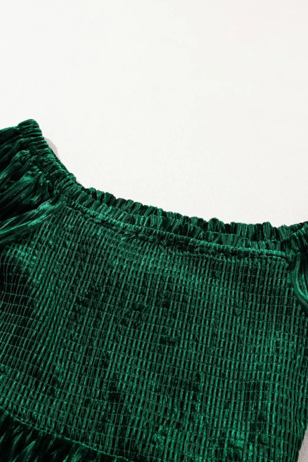 Fashion Dear-Lover Smocked Ribbed Velvet Babydoll Top Blackish Green