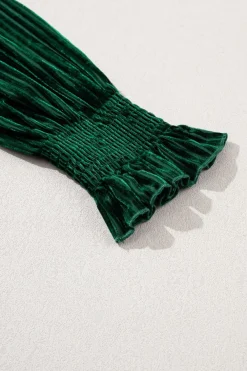 Fashion Dear-Lover Smocked Ribbed Velvet Babydoll Top Blackish Green