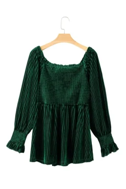Fashion Dear-Lover Smocked Ribbed Velvet Babydoll Top Blackish Green