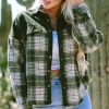 Hot Dear-Lover Snap Buttons Colorblock Plaid Shacket Blackish Green