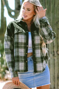 Hot Dear-Lover Snap Buttons Colorblock Plaid Shacket Blackish Green