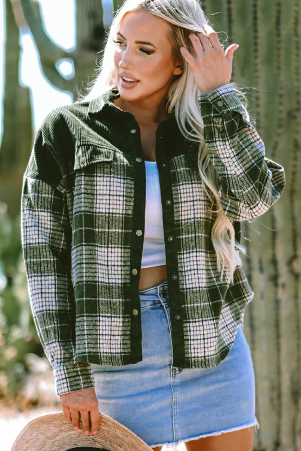 Hot Dear-Lover Snap Buttons Colorblock Plaid Shacket Blackish Green