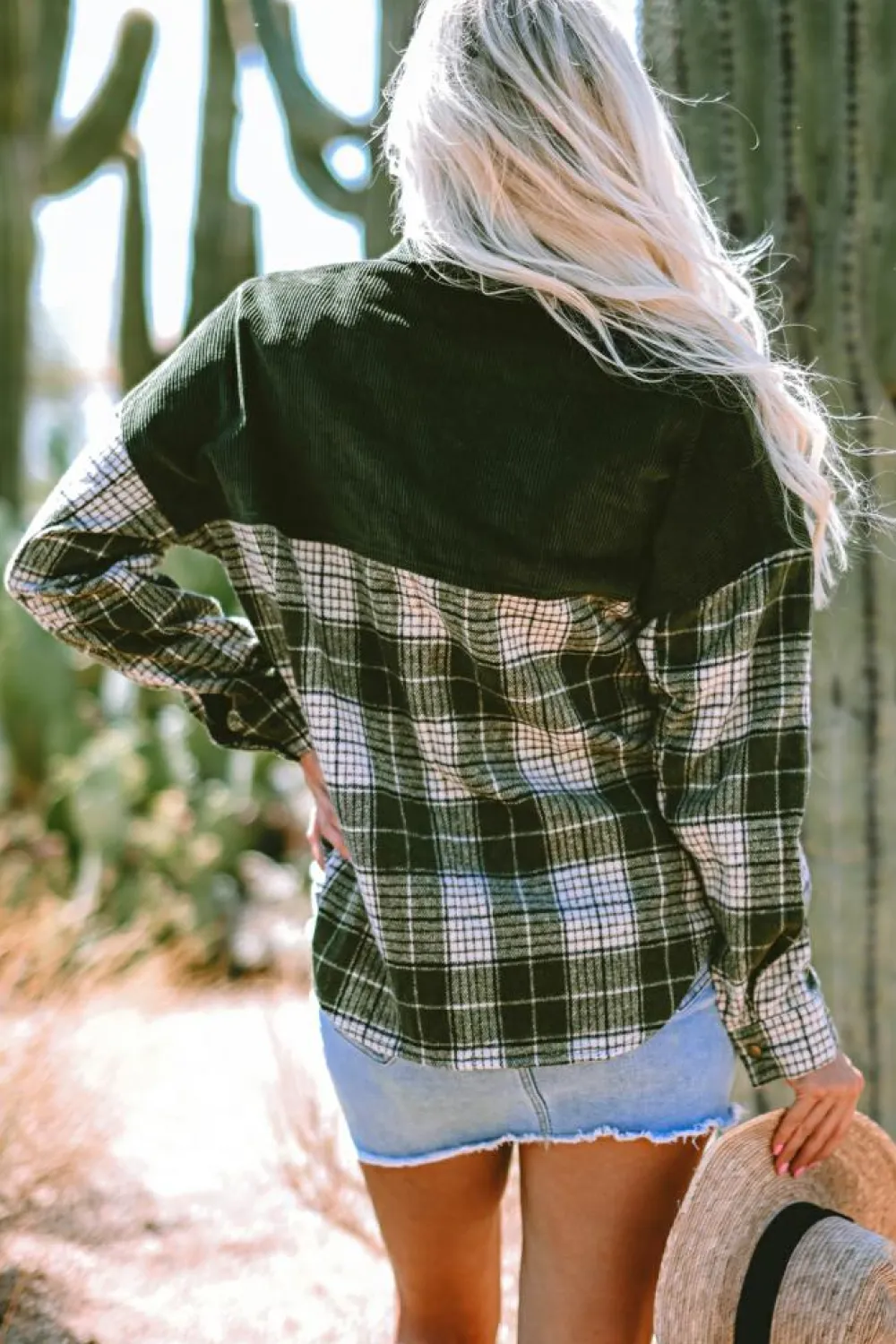 Hot Dear-Lover Snap Buttons Colorblock Plaid Shacket Blackish Green