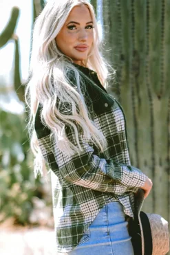 Hot Dear-Lover Snap Buttons Colorblock Plaid Shacket Blackish Green