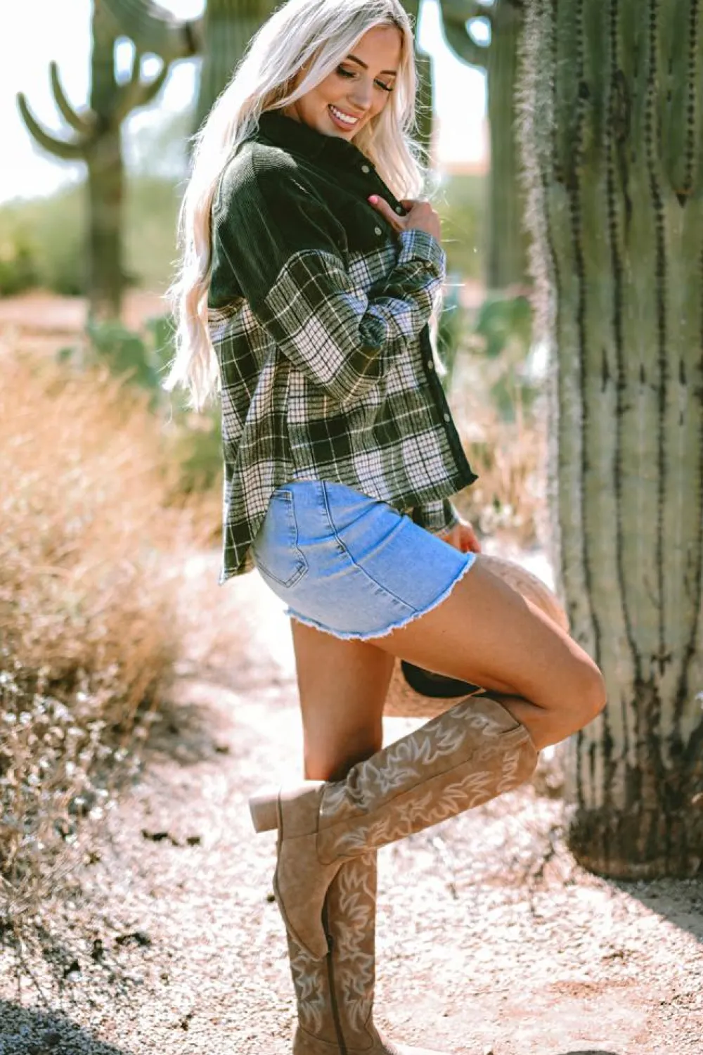 Hot Dear-Lover Snap Buttons Colorblock Plaid Shacket Blackish Green