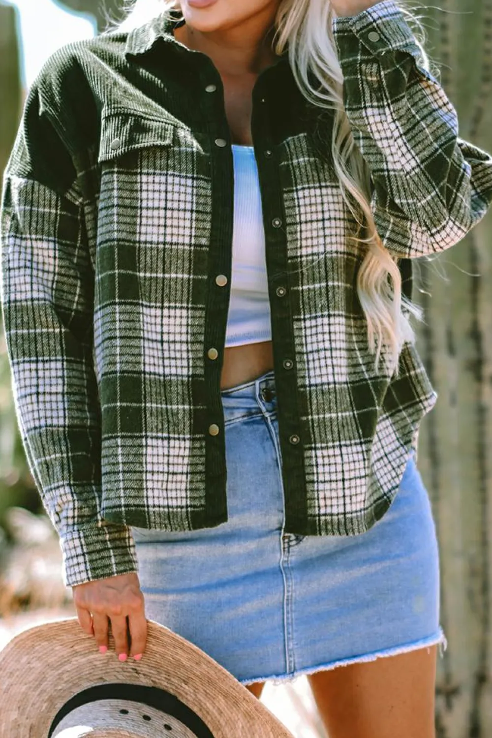Hot Dear-Lover Snap Buttons Colorblock Plaid Shacket Blackish Green