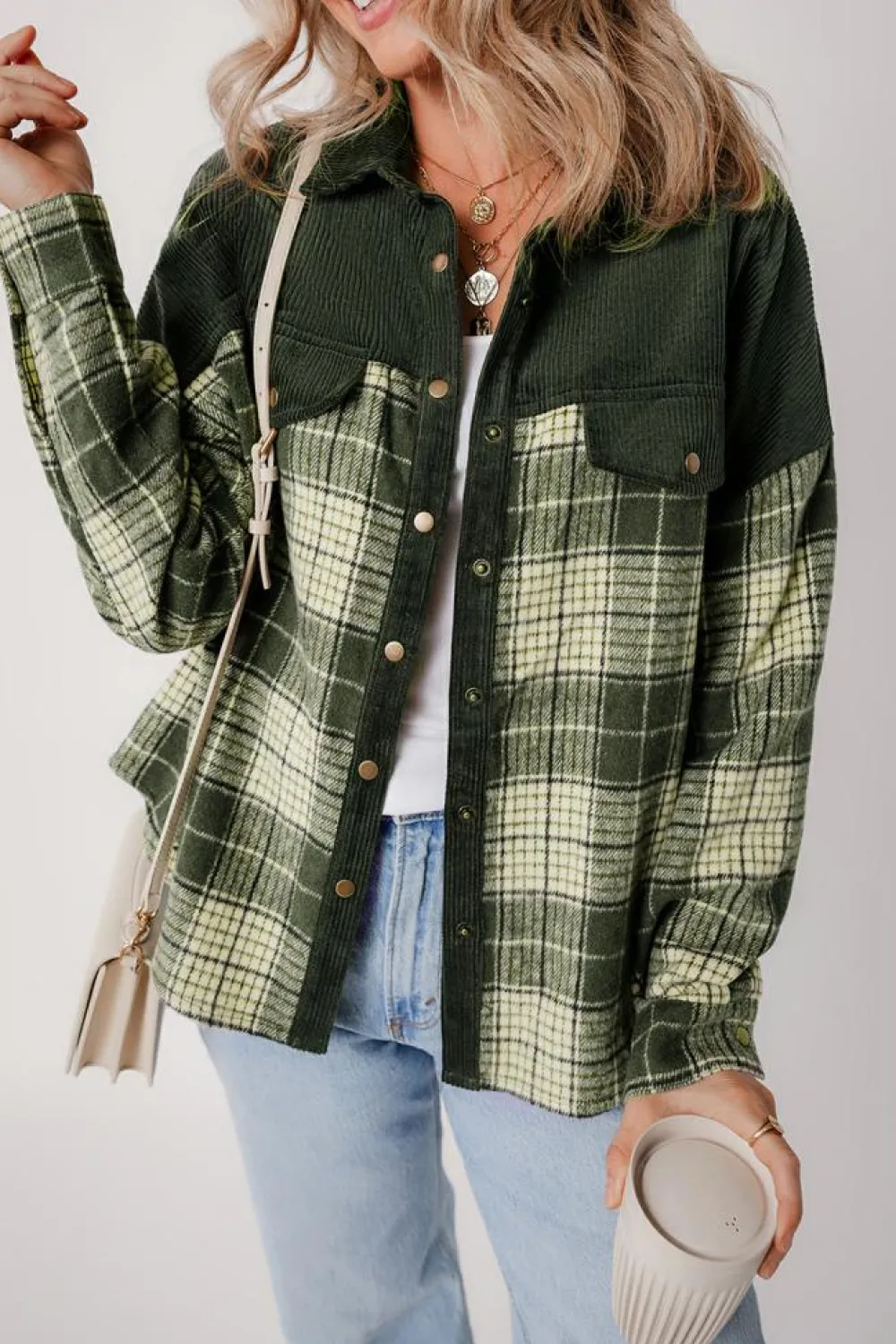 Hot Dear-Lover Snap Buttons Colorblock Plaid Shacket Blackish Green