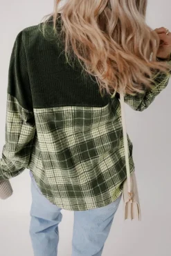 Hot Dear-Lover Snap Buttons Colorblock Plaid Shacket Blackish Green