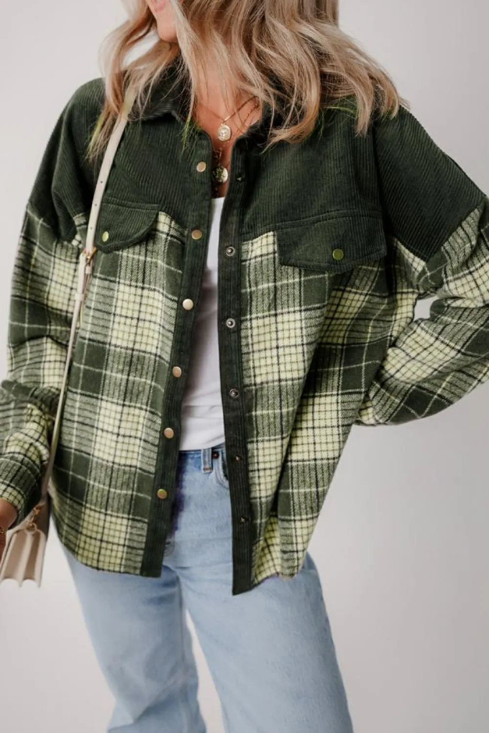 Hot Dear-Lover Snap Buttons Colorblock Plaid Shacket Blackish Green