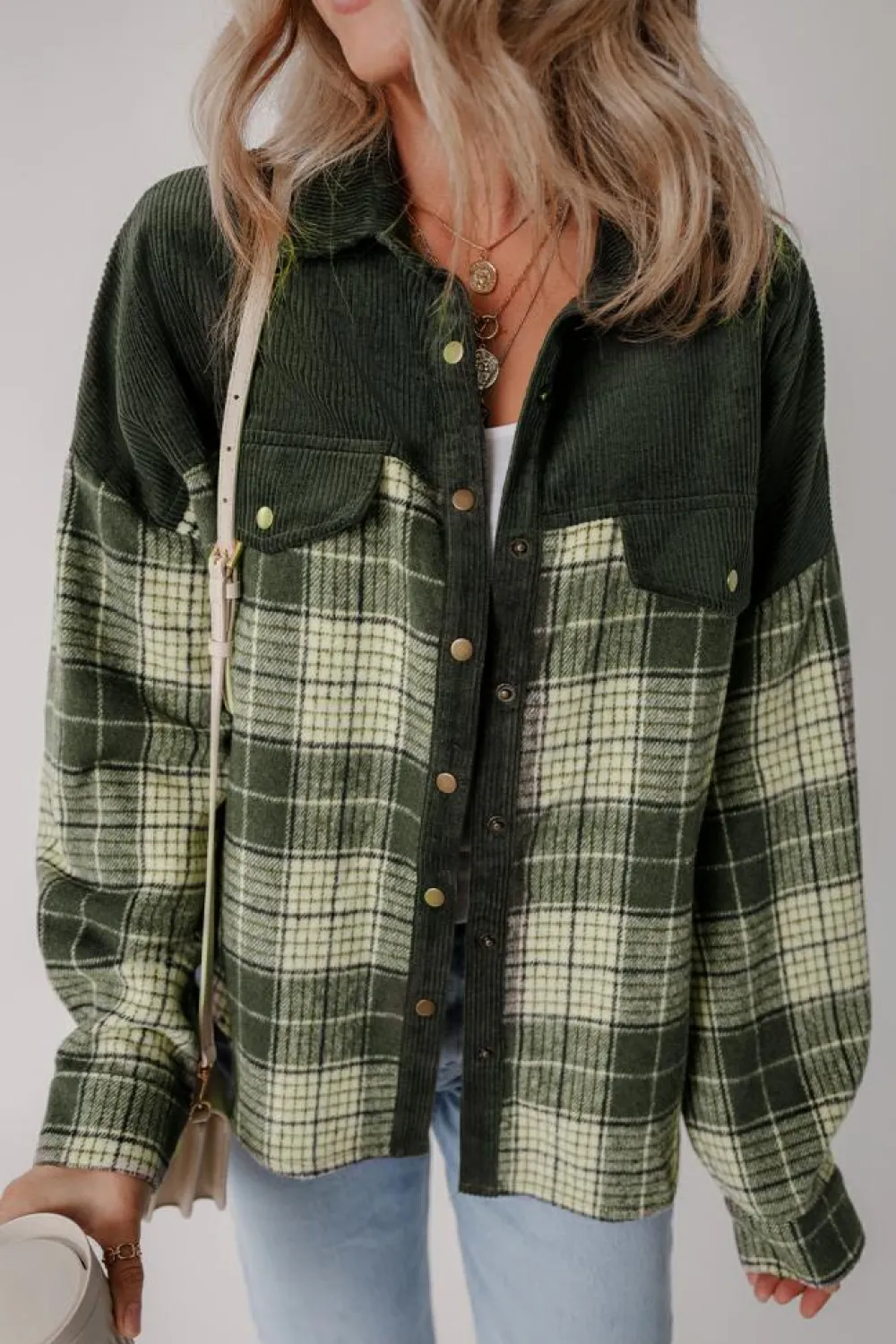 Hot Dear-Lover Snap Buttons Colorblock Plaid Shacket Blackish Green