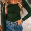 Discount Dear-Lover Solid Color Square Neck Long Sleeve Slim Fit Bodysuit Blackish Green