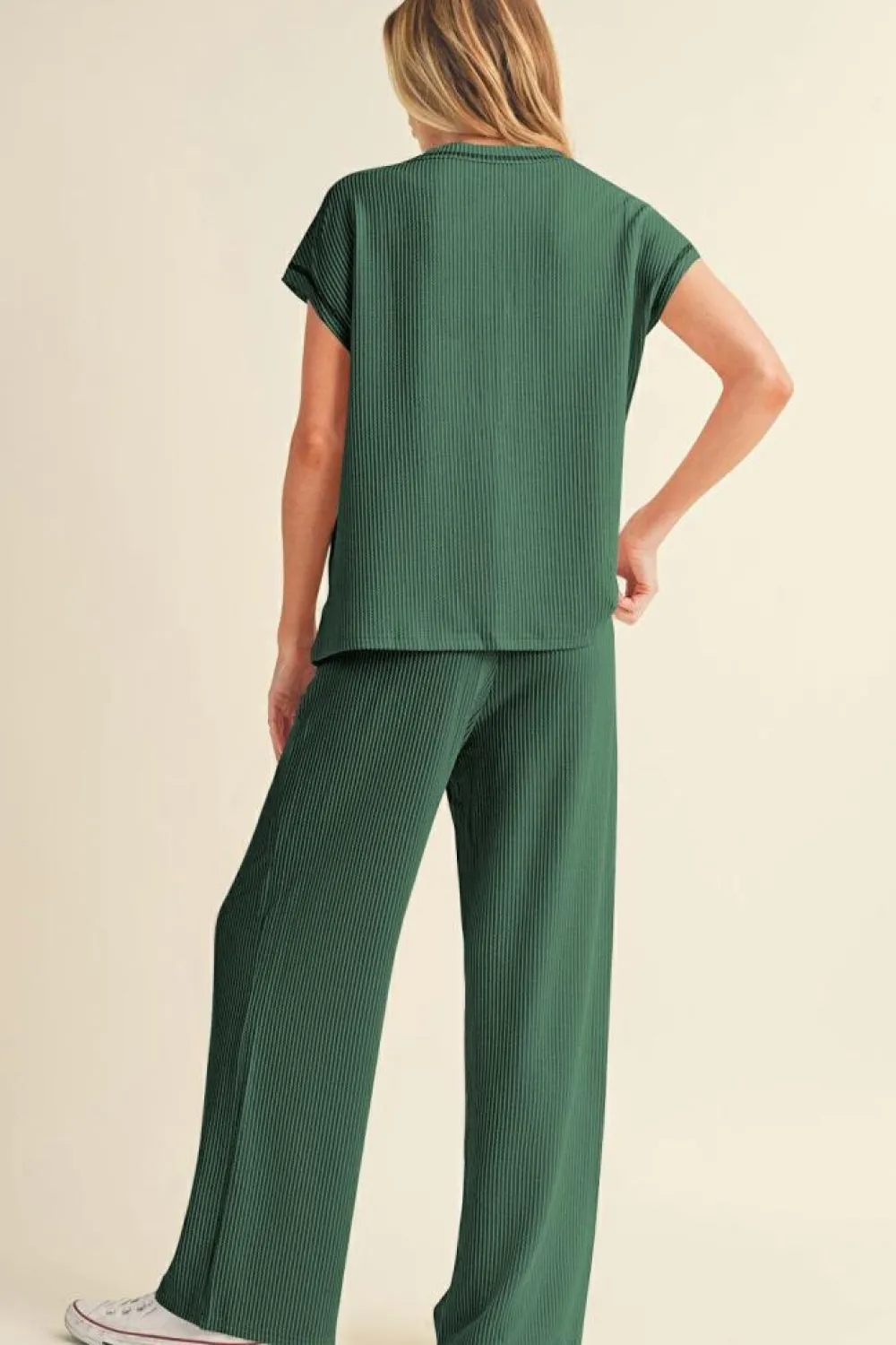 Online Dear-Lover Solid Color Corded Short Sleeve Top and Casual Pants Set Blackish Green
