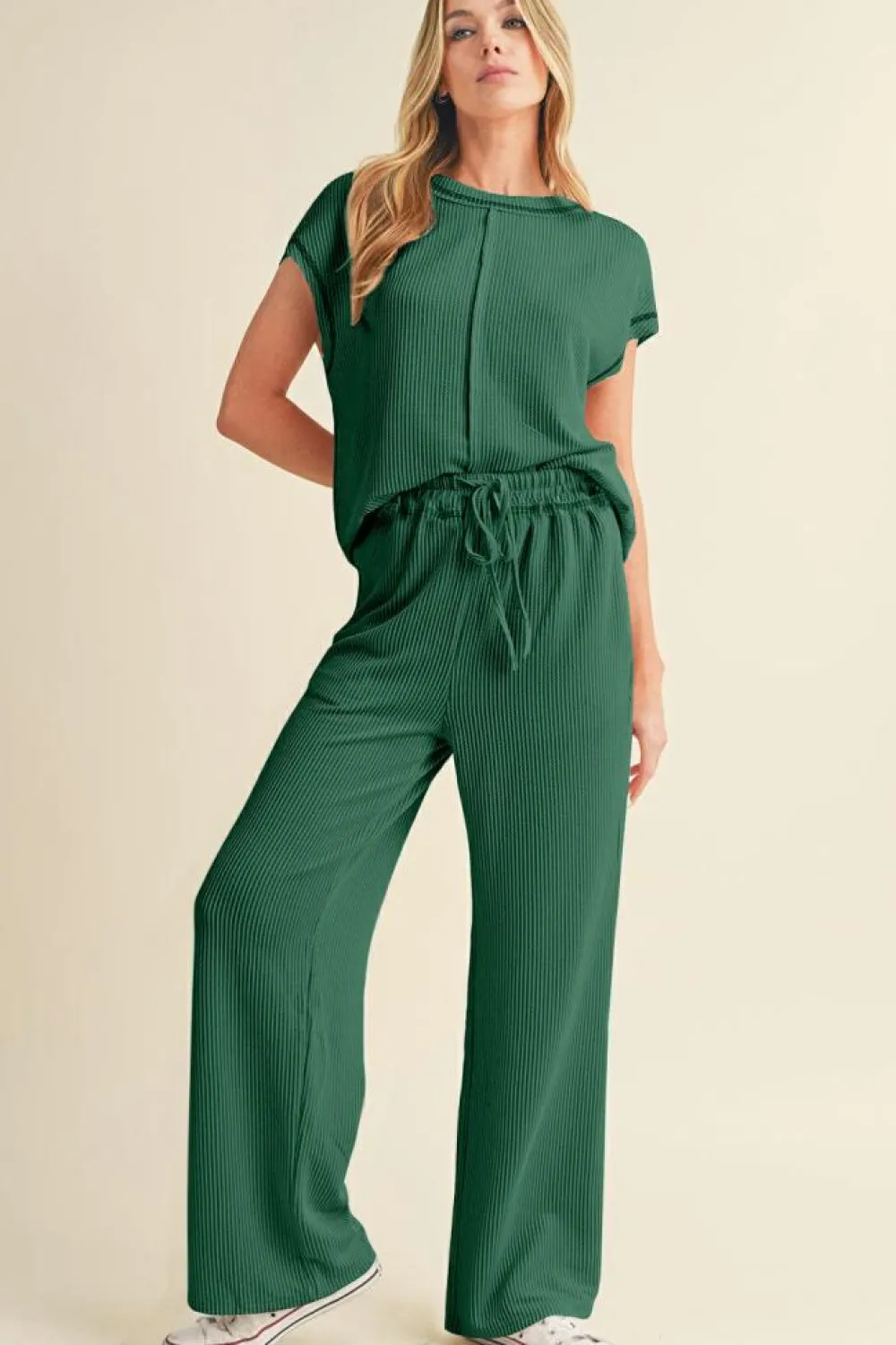 Online Dear-Lover Solid Color Corded Short Sleeve Top and Casual Pants Set Blackish Green