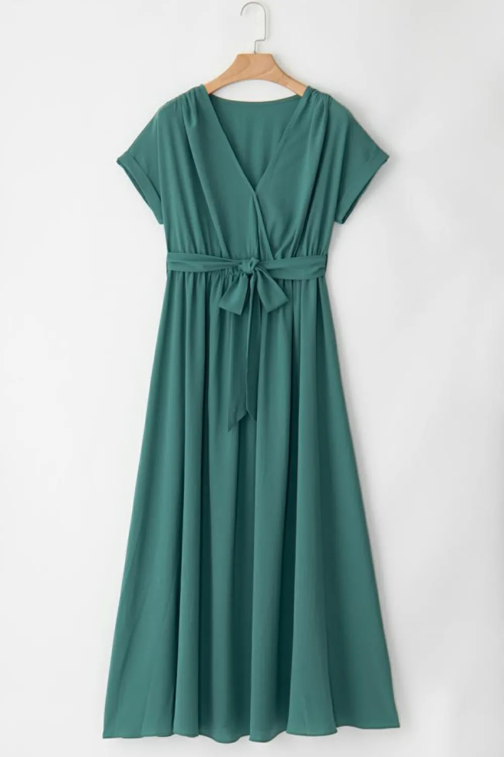 Clearance Dear-Lover Solid Color V Neck Wrap Pleated Short Sleeve Maxi Dress Blackish Green
