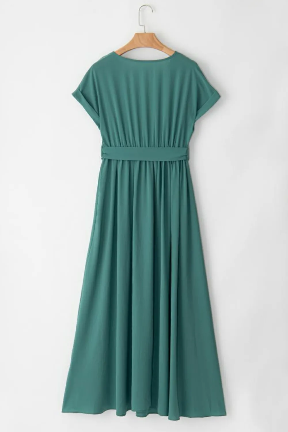 Clearance Dear-Lover Solid Color V Neck Wrap Pleated Short Sleeve Maxi Dress Blackish Green