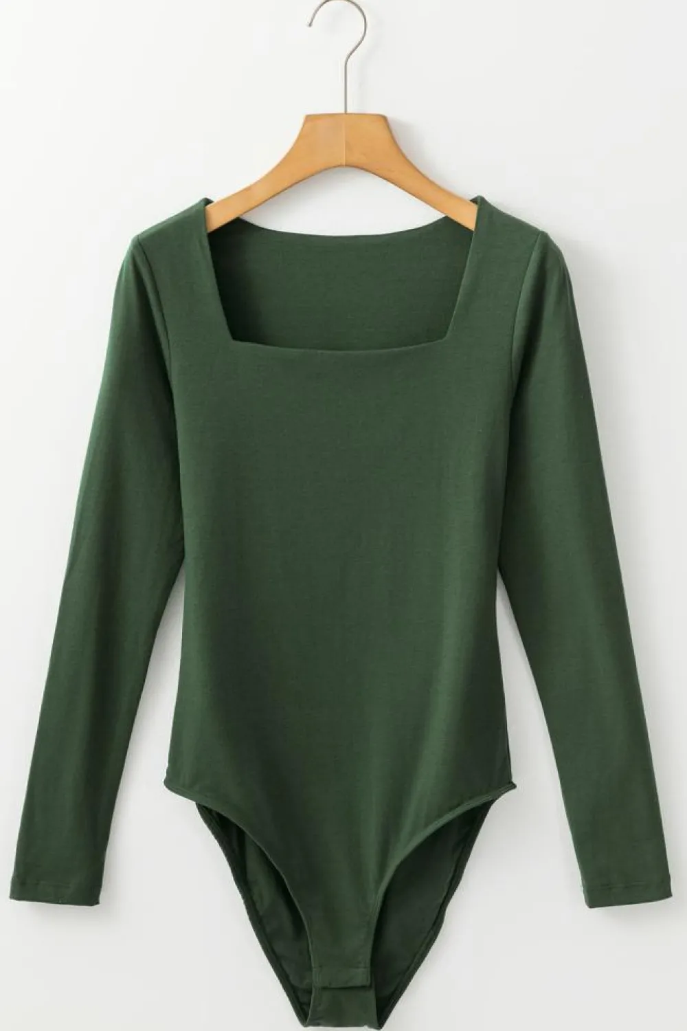 Discount Dear-Lover Solid Color Square Neck Long Sleeve Slim Fit Bodysuit Blackish Green