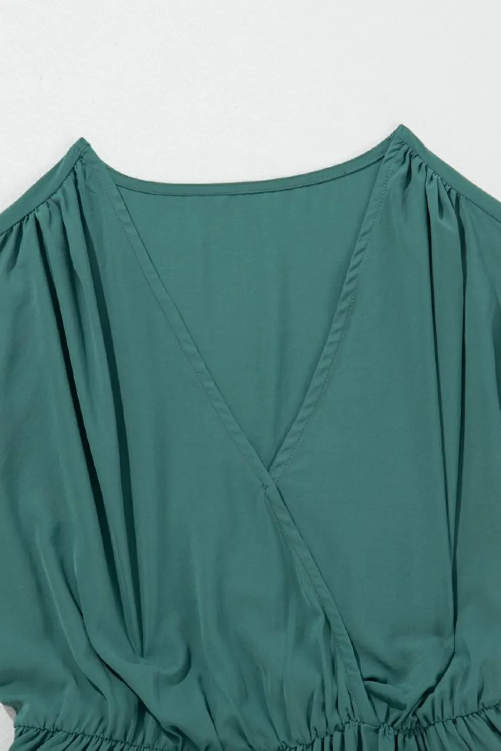 Clearance Dear-Lover Solid Color V Neck Wrap Pleated Short Sleeve Maxi Dress Blackish Green