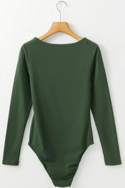 Discount Dear-Lover Solid Color Square Neck Long Sleeve Slim Fit Bodysuit Blackish Green
