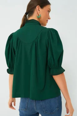 Clearance Dear-Lover Solid Puff Sleeve Frilled Trim Elegant Blouse Blackish Green