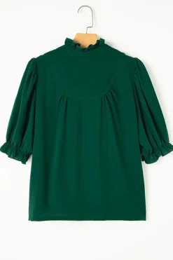 Clearance Dear-Lover Solid Puff Sleeve Frilled Trim Elegant Blouse Blackish Green