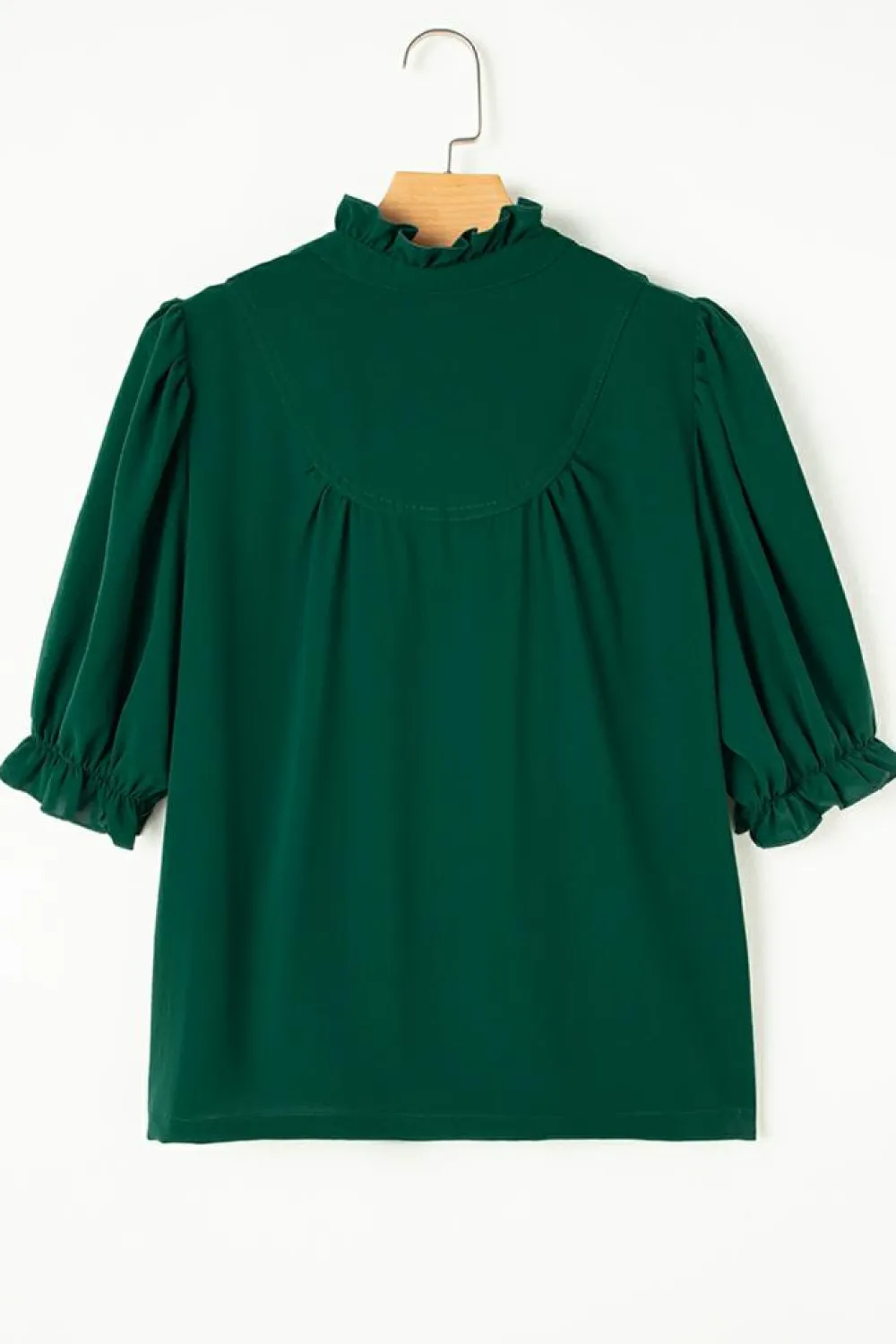 Clearance Dear-Lover Solid Puff Sleeve Frilled Trim Elegant Blouse Blackish Green