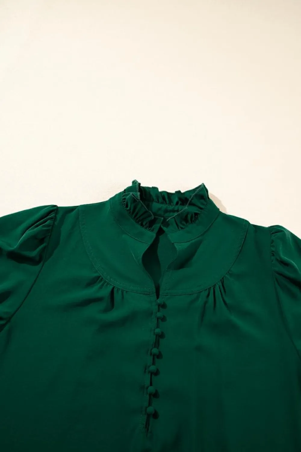 Clearance Dear-Lover Solid Puff Sleeve Frilled Trim Elegant Blouse Blackish Green