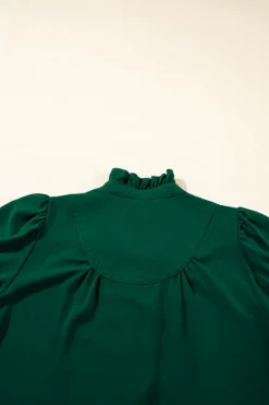 Clearance Dear-Lover Solid Puff Sleeve Frilled Trim Elegant Blouse Blackish Green