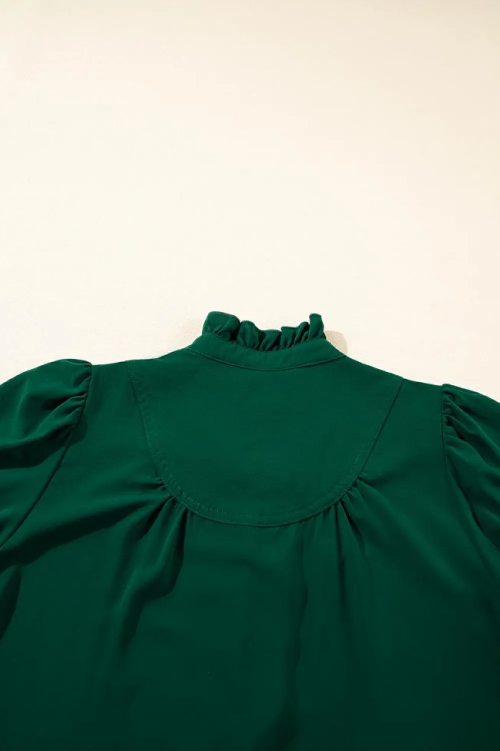 Clearance Dear-Lover Solid Puff Sleeve Frilled Trim Elegant Blouse Blackish Green
